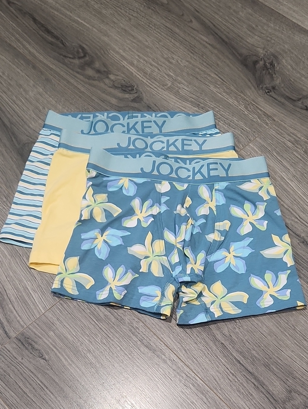 NWOT Jockey Set Of 3 Men’s Blue Floral , Solid Yellow/Blue Stripe Boxer Briefs